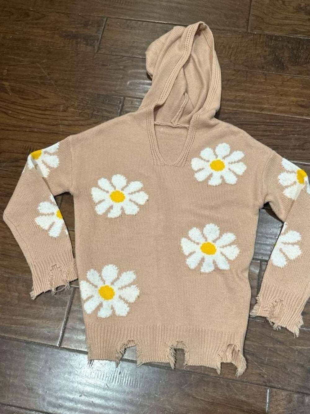Hazel Moon Distressed‎ Daisy Hooded Knit Sweater